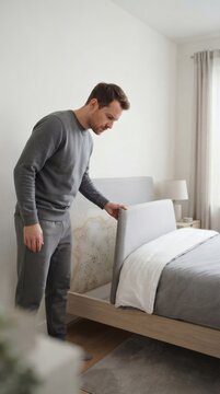 Concerned man discovering mold on the bedroom wall behind his bed