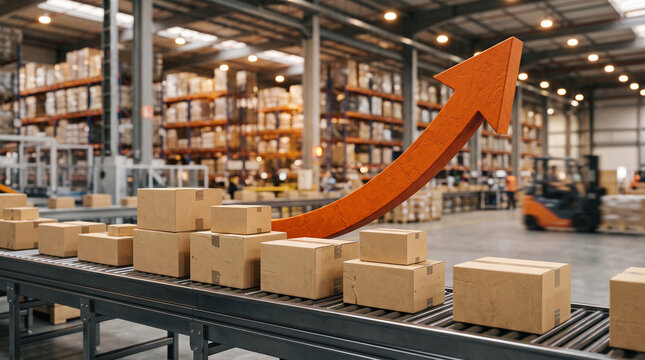 Cardboard boxes on a conveyor belt in a warehouse with an upward arrow, symbolizing growth and efficiency in logistics and industry.