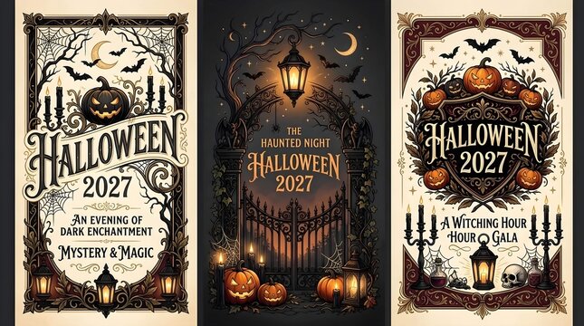 Set of three vintage Halloween 2027 event posters featuring spooky pumpkins, gothic ornaments, bats, and lanterns for an evening of mystery and enchantment in a dark magical aesthetic style.