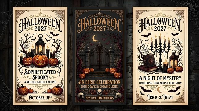 Vintage Halloween 2027 Event Posters with Spooky Gothic Illustrations Featuring Carved Pumpkins, Bats, Lanterns, and Skulls for a Sophisticated Eerie Celebration on October 31st Mystery Night.