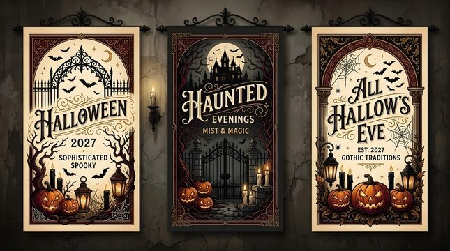 Set of three vintage gothic Halloween banners featuring ornate illustrations of jack-o-lantern pumpkins, haunted castles, and bats in a sophisticated Victorian style for October celebrations.