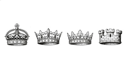 Four different styles of royal crowns and a castle turret illustration © Alhin