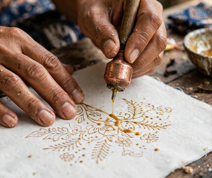Close Up of Artisan Hands Using Canting Tool with Hot Golden Wax for Tradtional Batik Tulis on White Fabric