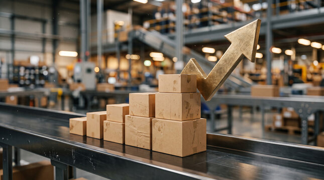 Cardboard boxes stacked in increasing size on a conveyor belt, with a golden arrow pointing upwards, symbolizing growth in logistics and industry