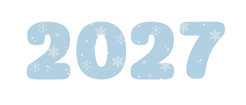 Blue winter number 2027 patterned with white snowflakes isolated on white or transparent background for New Year greeting card design