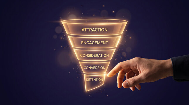 Glowing funnel diagram showing marketing funnel stages, with a hand interacting with the bottom, symbolizing customer journey and business strategy.