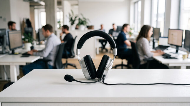 Silver and black headphones with a microphone on a white desk, representing focus, communication, and office work