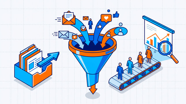 Isometric marketing funnel illustrating lead generation, engagement, and sales process. Represents business growth and data analysis, perfect for digital marketing concepts.