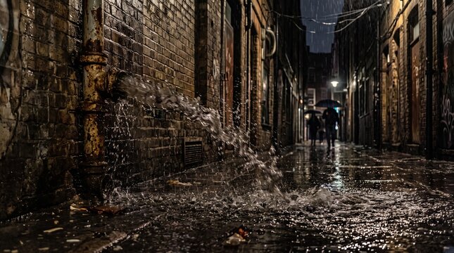 Water gushing from a broken pipe in a dark brick alley at night, silhouettes walking under rain.