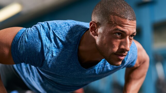 Male Athlete in Workout Gear at Gym, Pushing Up for Exercise, Concentration
