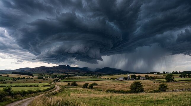 Dramatic storm clouds rolling over rural countryside, dark supercell formation with rain in distance.