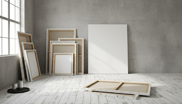 Artist studio with blank canvases and painting supplies leaning against concrete wall.