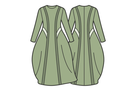 Sage Green Flowing Long Dress Fashion Illustration with Front and Back Views Technical Drawing for Women Modest Style Apparel Template Vector Design for Clothing Manufacture and Design Projects