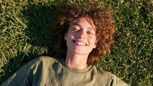 Happy Person Relaxing in Grass Field