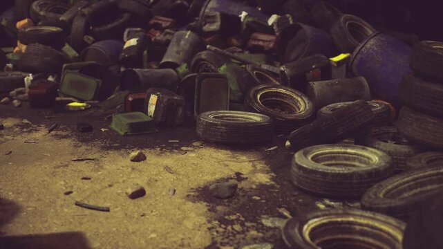 Oil stained tires and scattered debris on cracked ground, dark runoff patterns and chemical sheen, sense of contamination and urgent need for remediation