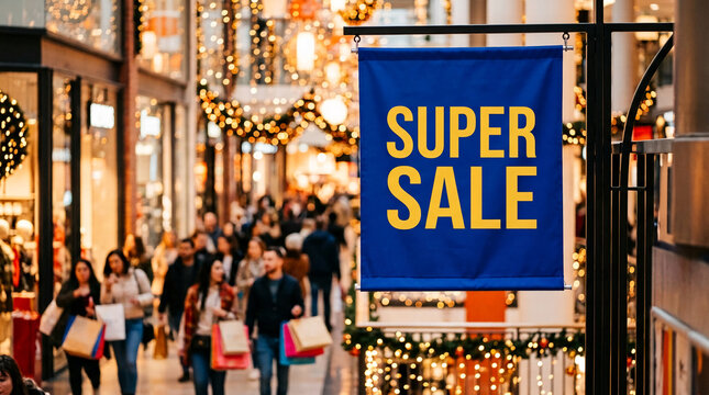 Blue banner with yellow text "SUPER SALE" in a mall with bokeh lights, symbolizing shopping and promotion