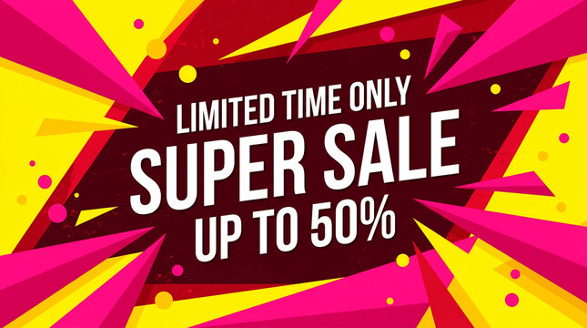 Explosion of vibrant geometric shapes in yellow, pink and red, announcing a super sale up to 50%, symbolizing excitement and opportunity