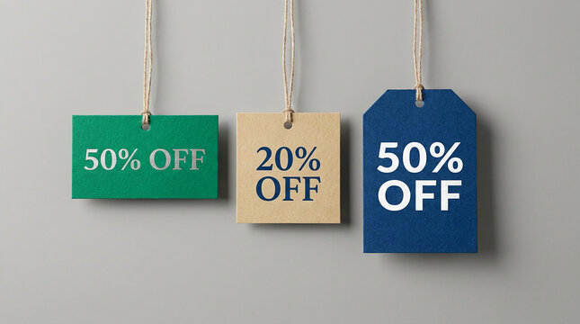 Three hanging tags display discount percentages, representing sale events, promotions, and clearance offers. free space, text