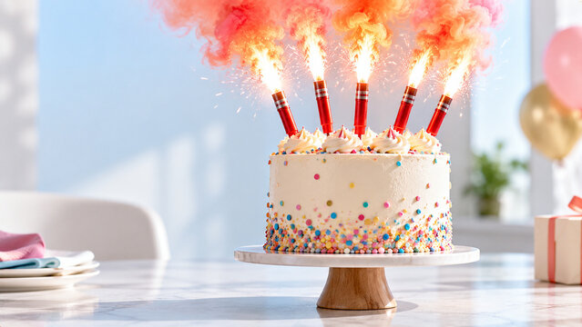 Birthday cake candles exploding like colorful fireworks