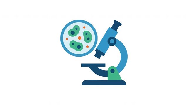 A blue microscope magnifying a petri dish with bacteria shows scientific research process for laboratory studies examining biological samples to identify various microscopic life forms in