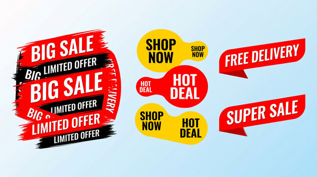Collection of sale promotion graphics, including big sale, limited offer, shop now, hot deal, free delivery, and super sale labels, symbolizing commercial discounts and urgency.