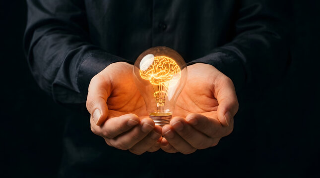Hands holding glowing light bulb with brain illustration inside