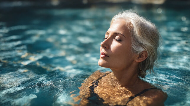 Mature woman relaxing in swimming pool enjoying wellness and peaceful water therapy