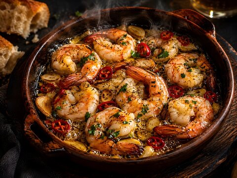 Sizzling garlic shrimp gambas al ajillo in clay pot, spicy prawns with chili and olive oil, traditional spanish tapas appetizer with crusty bread