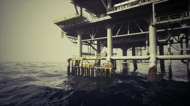 Edge oil rig supports captured from water level, dynamic tide and diagonal composition create sense of movement and scale, cinematic light highlights industrial