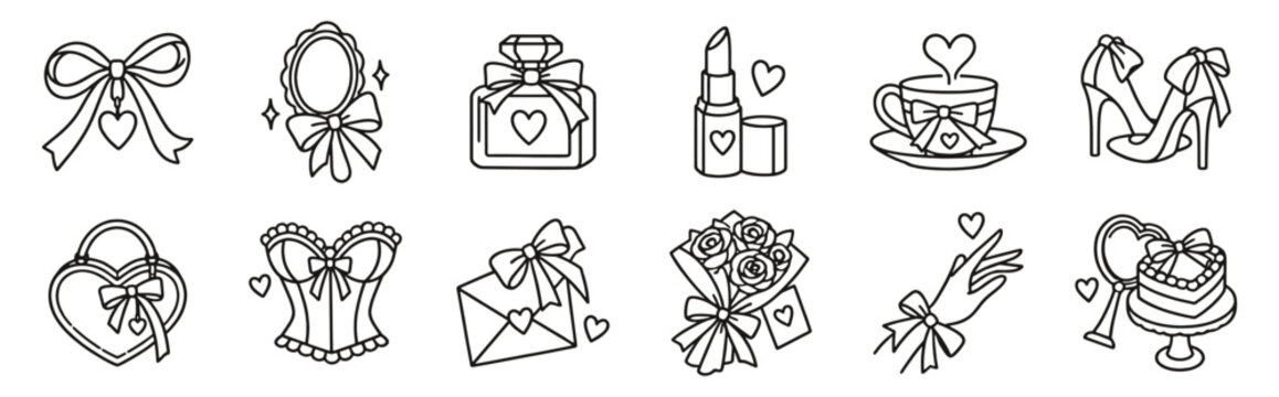 Coquette fashion line icon set. Bows, perfume, lipstick, corset and roses linear vector illustration. Outline signs for feminine beauty, romance, accessories and valentine gifts and beauty rituals.