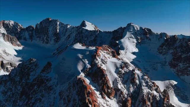 Aerial view of snow capped mountain range and high altitude glacier peaks under clear blue sky