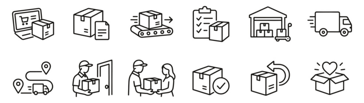 Parcel delivery line icon set. Online orders, warehouse, courier and package tracking linear vector illustration. Outline signs for shipping, logistics, ecommerce returns and warehouse dispatch.