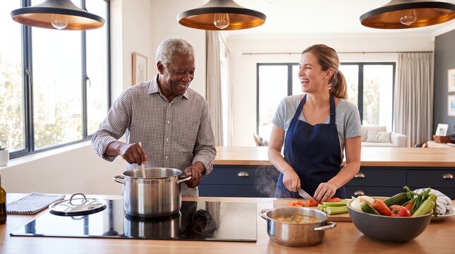 elderly care caregiver senior cooking kitchen assistance support healthy man as a caregiver and older man prepare a fresh meal together in a modern kitchen for dignified aging communication