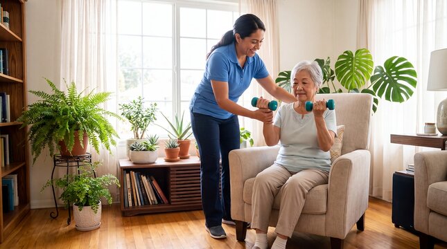elderly care caregiver senior exercise dumbbell home support fitness women as a supportive companion guides an older woman through a seated dumbbell workout for dignified aging communication