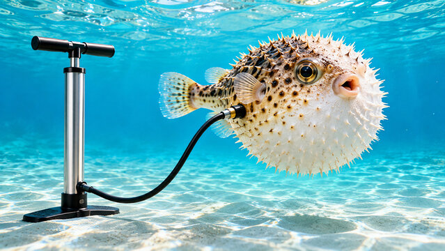 Pufferfish being inflated with air pump underwater