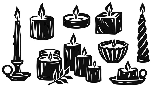 Burning candle linocut icon set. Tapers, pillars, tealight, spiral wax, glass jar, decorative bowl and cup holders. Hand drawn black vector illustration in vintage woodcut print style.