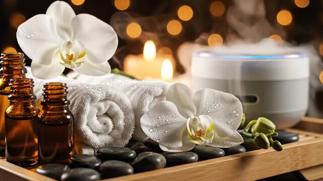 Close-up of a spa aromatherapy setup featuring white orchid blossoms with water droplets, rolled white towels, amber essential oil bottles, and black massage stones on a wooden tray.
