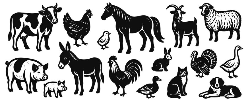 Farm animal linocut icon set. Cow, horse, goat, sheep, pig, donkey, poultry, rabbit, cat and dog for rural themes. Hand drawn black vector illustration in vintage woodcut print style.