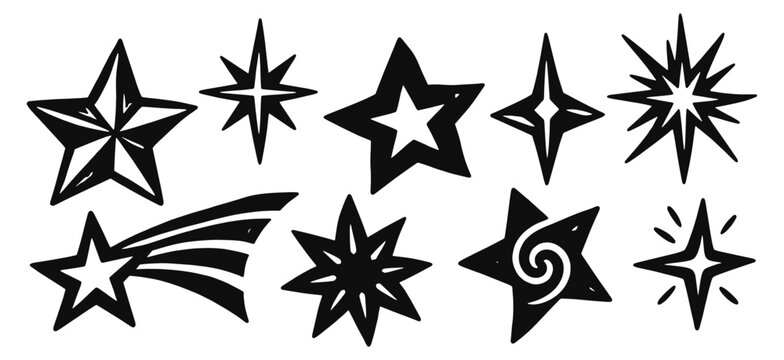 Celestial star linocut icon set. Pointed shapes, radiant sparkles, shooting comet and spiral motifs for cosmic decoration. Hand drawn black vector illustration in vintage woodcut print style.