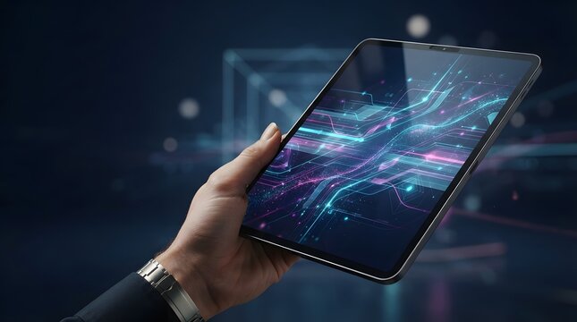 Hand holding tablet displaying futuristic circuit board technology and digital network connections