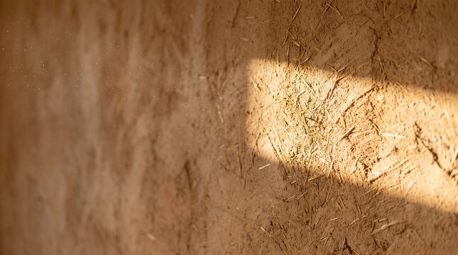 Earthen clay plaster wall with raking afternoon light and dust calm background