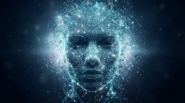 Digital face dissolving into futuristic light particles against dark