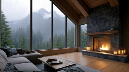 Fototapeta premium Cozy luxury mountain cabin interior with large windows, stone fireplace, rainy forest view, warm lighting