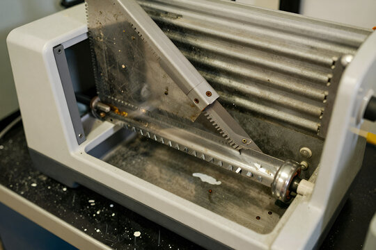 Food residue crusted on a commercial deli slicer blade and guard