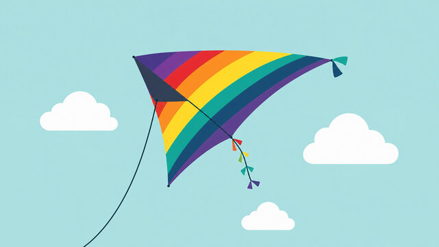 Colorful Rainbow Kite Flying in Blue Sky with White Clouds