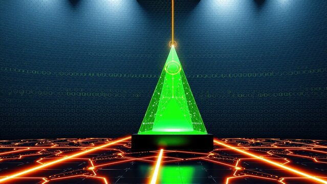 Bright green pyramid sits atop pedestal. Digital binary code background. Red lines radiate from base, illuminated by spotlights. Futuristic concept.