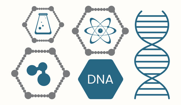 Molecular diagnostic and DNA helix research elements. Laboratory icons for analysis, biotechnology, science, medical, pharmaceutical, health care, chemistry, genetic education. Isolated vector illustr