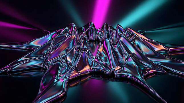 Iridescent liquid metal abstract background | Futuristic holographic chrome 3D render | Neon magenta and teal digital art wallpaper | Surreal metallic landscape with colorful light rays