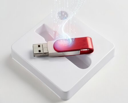 Red flash drive connected with digital data stream graphic