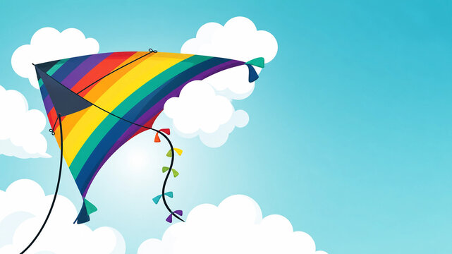 Colorful Rainbow Kite Flying in Blue Sky with White Clouds
